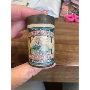 Rare Vintage Butter Boy Popcorn Tin – Sur-Nuf “Always Pops” – Mattoon, IL 2.75”